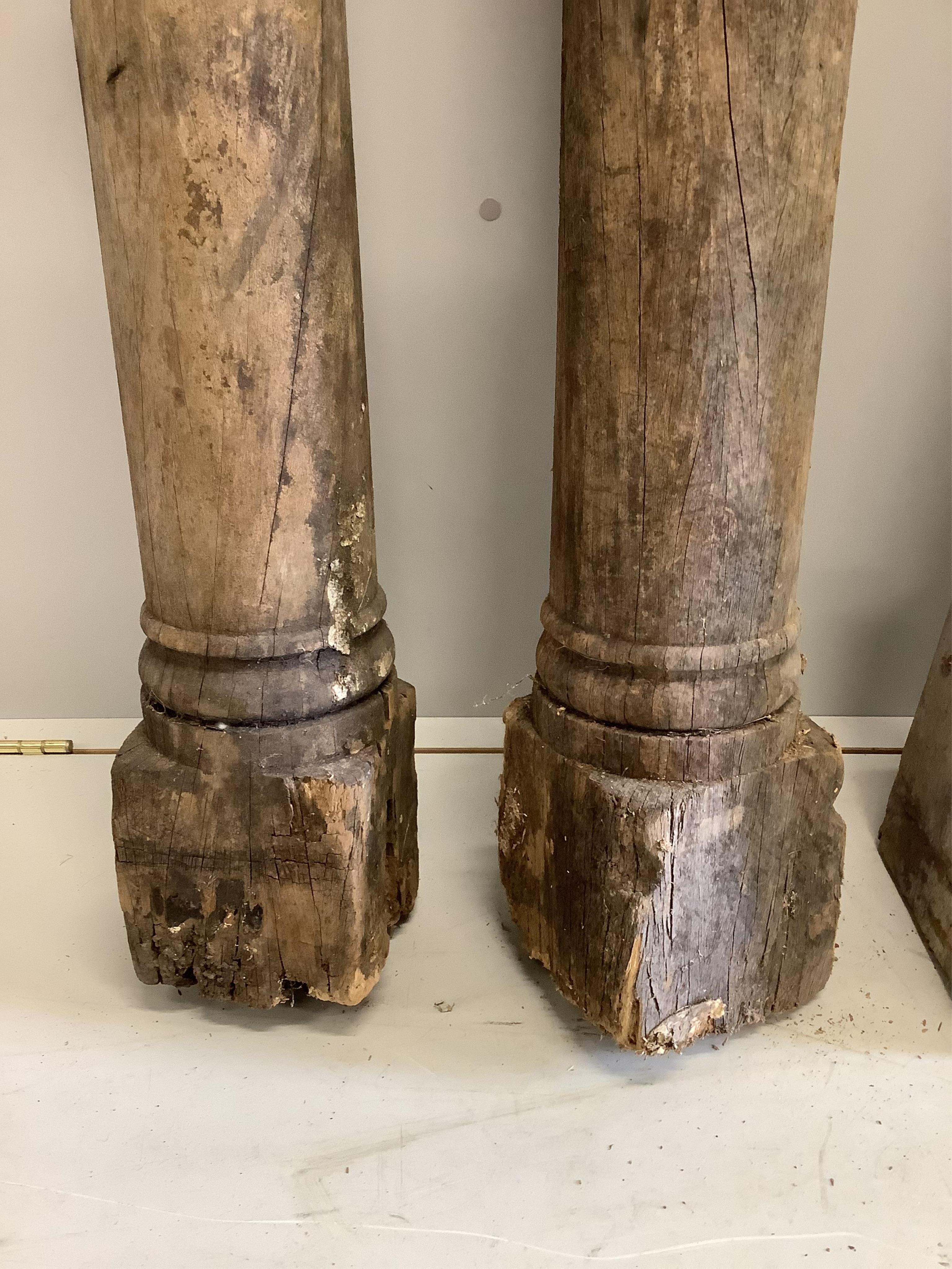 Six assorted hardwood columns, said to have come from a 19th century ship, tallest 164cm. Condition - variable from poor to fair